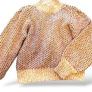 CeCe Marled Knit Mock Neck Sweater Large Chunky Jacquard Blouson Sleeve